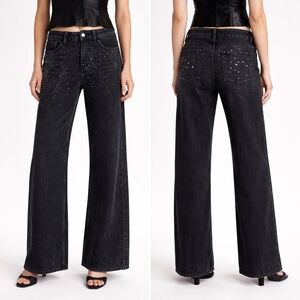 Zara Z1975 Loose Wide Leg Beaded Crystal Jeans Black Size 8